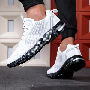 Side view detail of white and black men's breathable mesh fashion running sneakers