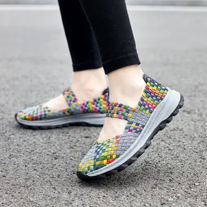 Lightweight multi-color woven elastic slip-on sneakers for women on outdoor road