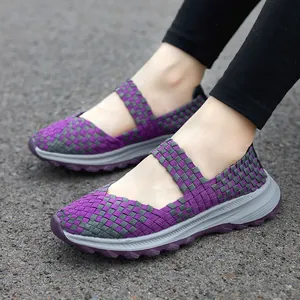 Purple and grey woven elastic women's slip-on shoes with breathable hollow design