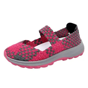 Pink and grey woven Mary Jane elastic sneakers for women with breathable mesh upper
