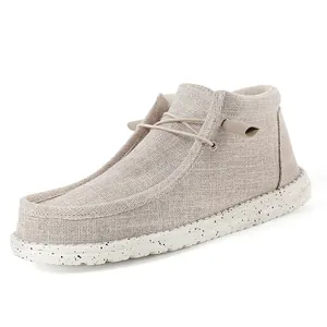 Casual high-top canvas loafers featuring breathable linen texture and speckled rubber sole