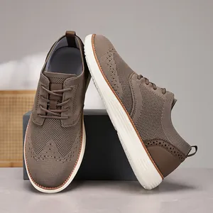 Brown breathable knit men's business casual oxford walking shoes with white sole