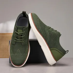 Premium olive green fly-knit dress walking shoes for men featuring breathable mesh