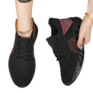 Breathable black flyknit running shoes with colorful woven accents