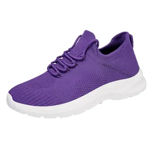 Purple breathable mesh knitted sneakers for women with white lightweight sole