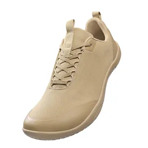Lightweight men's wide toe box barefoot hiking shoes in khaki tan, comfort sneakers