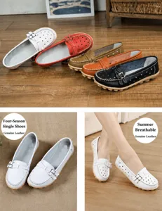 Detail view of breathable women's leather loafers in perforated and solid styles