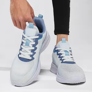 Detailed close-up of men's breathable flyknit mesh running shoes in white and blue