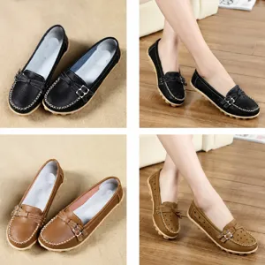 Detailed comparison of solid and perforated leather flat loafers in black and khaki colors