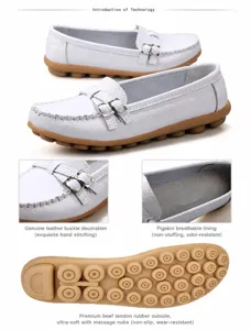 Detailed view of white leather loafers featuring pigskin lining and rubber pebble sole.