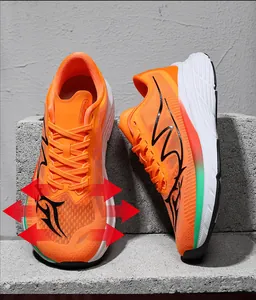 Detailed view of breathable orange running shoes with wide-toe mesh and cushioned sole