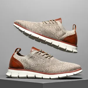 Detail view of lightweight breathable men's knitted loafers in beige