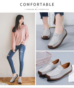 Lifestyle collage of grey leather loafers with flexible brown sole
