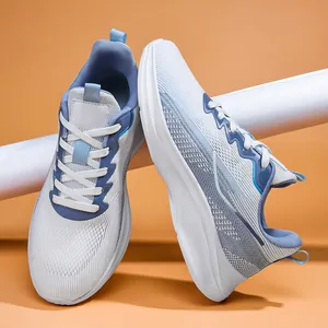 Side and top view of men's blue and white breathable mesh running shoes for summer sports