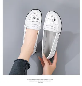 White hollow-out breathable women's loafers with thick rubber soles for summer
