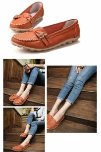 Close-up and lifestyle view of stylish orange genuine leather flat loafers for women