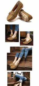 Khaki leather loafers for women showing close-up details and lifestyle on-foot views