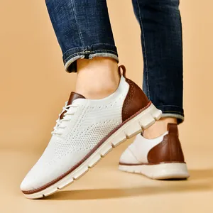 Lightweight men's breathable flyknit casual loafers in white and brown with thick sole