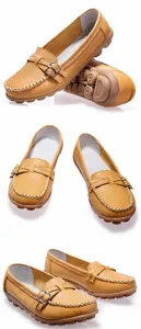Detailed views of tan women's leather loafers featuring buckle and contrast white stitching