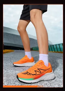 Close-up view of men's orange mesh running shoes with wide-toe cushioning for comfort