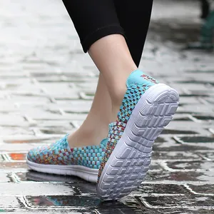 Breathable blue elastic woven slip-on sneakers for women with white sole casual style