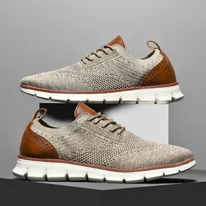 Men's breathable fly-knit casual loafers with brown leather accents and thick white soles