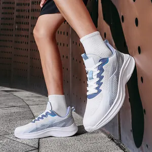 Breathable fly-knit mesh running shoes for men with lightweight white and blue design