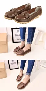 Detailed macro view of comfortable brown leather loafers styled with blue denim jeans