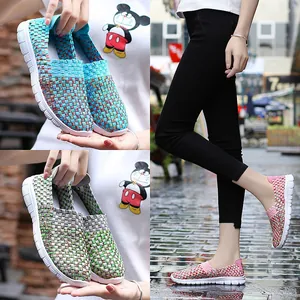 Comfortable and breathable elastic woven slip-on sneakers for women in various colors.