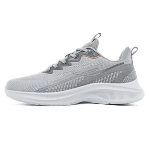 Men's grey breathable fly-knit mesh running shoes with thick white sole for summer