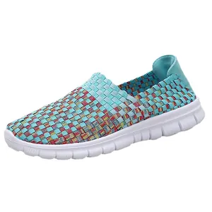Women's breathable elastic woven slip-on loafers in multi-color cyan