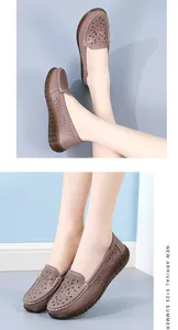 Detailaufnahme von hohlen, atmungsaktiven Leder-Loafers für Damen mit Blumen-Ausschnittmuster