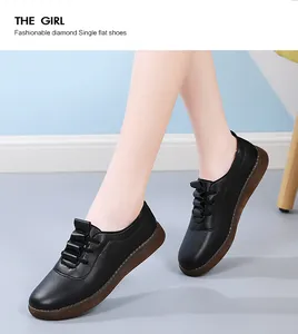 Detailed view of black leather casual flat shoes with soft soles for women