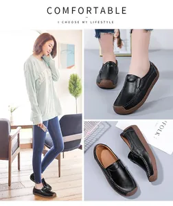 Comfortable black leather loafers for women shown in lifestyle and product detail views