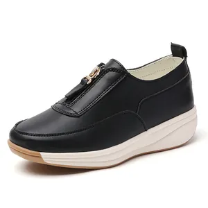 Damen Casual Plateau Loafer PU Leder Slip-On Schuhe Mit Metallreißverschluss Höhenvergrößerung Rutschfest Walking Schuhe