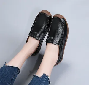 Comfortable black leather loafers for women featuring durable non-slip rubber soles