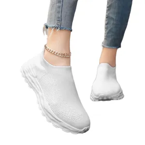 Witte ademende fly-knit sok sneakers voor dames lichtgewicht casual sportschoenen