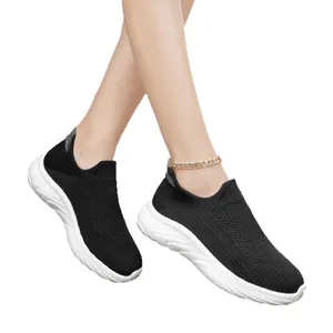 Breathable black mesh slip-on sneakers with lightweight chunky white sole for men