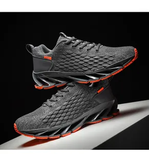 Detailed profile view of breathable flyknit men's running shoes with unique blade sole