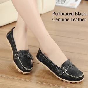 Classic black perforated genuine leather loafers with flat rubber soles for women