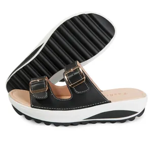 Sandalias de plataforma de cuero negro para mujer con hebillas dobles doradas de verano