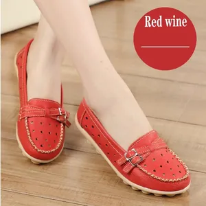 Wine red punched leather loafers for women with flat soles and breathable hole design