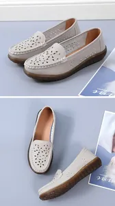Detailansicht von atmungsaktiven Leder-Loafers mit Blumenmuster für Damen im Sommer