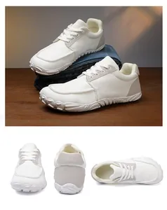Multi-angle view of white breathable mesh wide-last barefoot walking sneakers for men