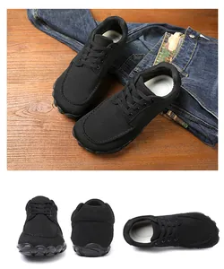 Multi-angle views of breathable black mesh wide toe loafers for outdoor hiking.