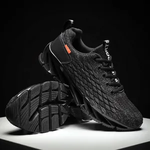 Zapatillas de correr negras flyknit transpirables para hombre con suelas de cuchilla