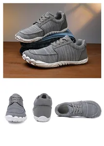 Detailed multi-angle views of grey breathable mesh barefoot hiking loafers with white soles.