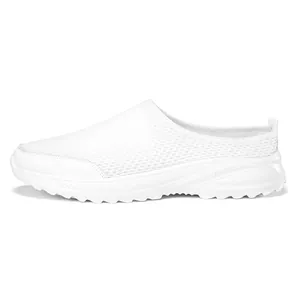 Close-up side view of men's white breathable flyknit mule sneakers with soft sole