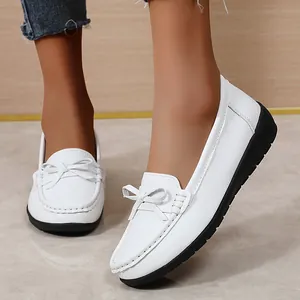 Dames Casual Echt Lederen Loafers Strik Zachte Zool Platte Verpleegster Schoenen Mocassins Antislip Comfortabele Slip-on Mama Schoenen