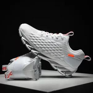 Zapatillas de correr blancas de punto transpirable para hombre con suela de hoja y sport